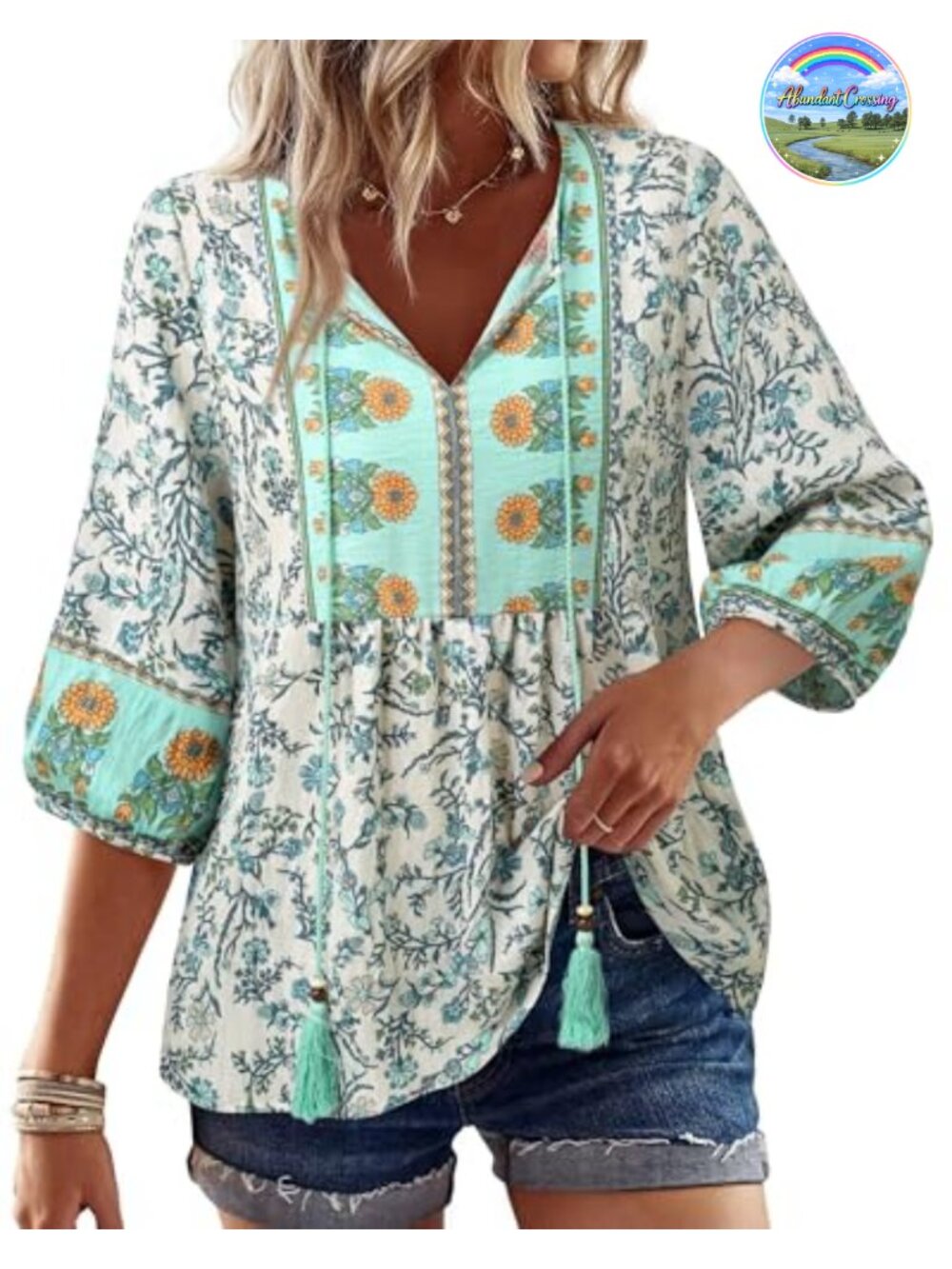 Womens Boho Babydoll Peplum Blouse 3/4 Sleeve V-Neck Tie Front Tunic Top